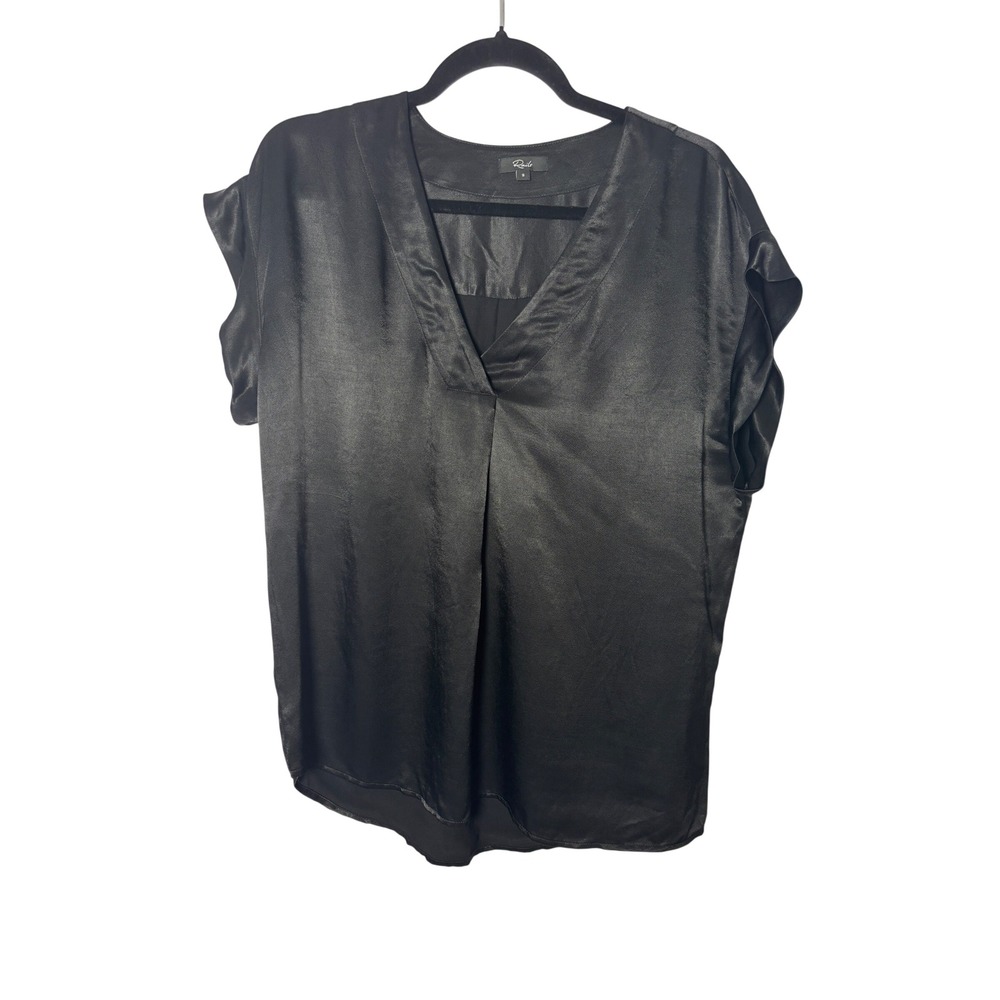 Rails Women Nala Black Blouse Small Satin V-Neck Cap Sleeve Minimalist Chic